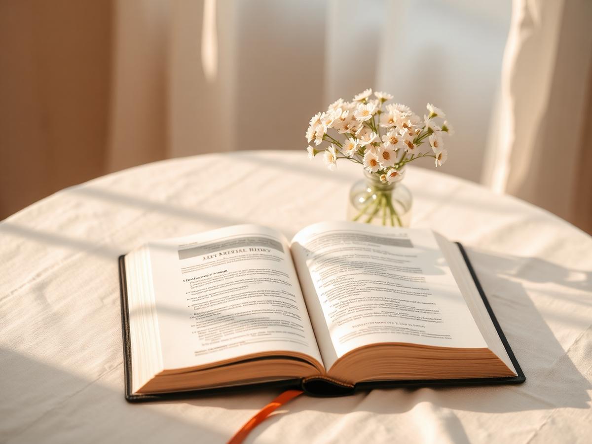 An open Bible beside white flowers in soft morning light